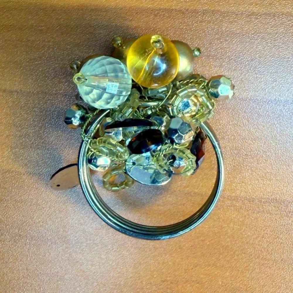 Set of 8 Beaded Napkin Rings Gold Amber Clear Glass Cluster Table Decor 1.5in
